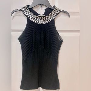 WHBM Silk Blend Sleeveless Top: Dressy Style w/Beaded Neckline/Ribbed Fabric *